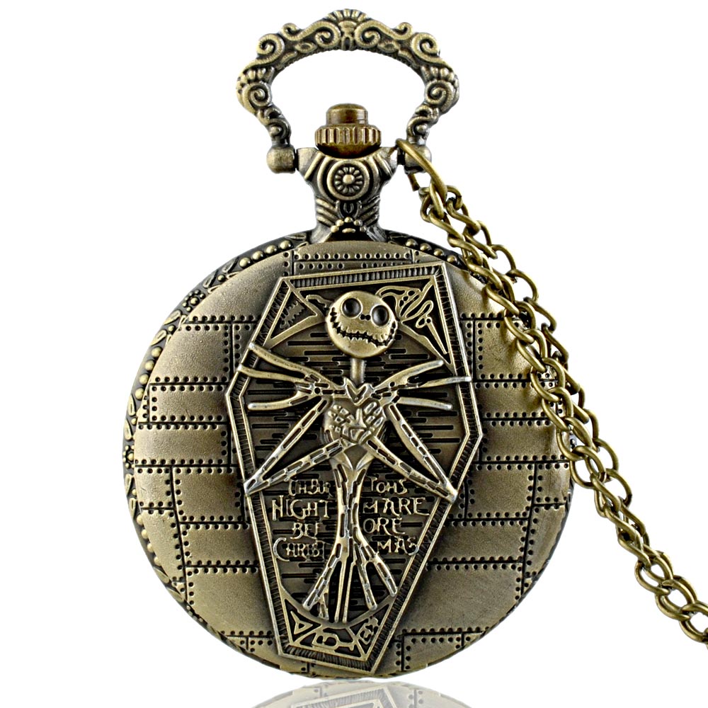 IBEINA Antique Bronze The Nightmare Before Christmas Quartz Pocket Watch Classic Men Women Pendant Necklace Halloween Gift