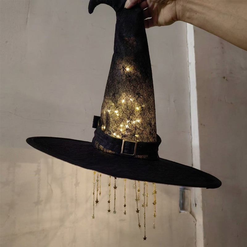 Lighted LED Witch Hat with Stars & Tassels – Hanging Hollow Glowing Decoration, Curved Brim, Vintage Halloween