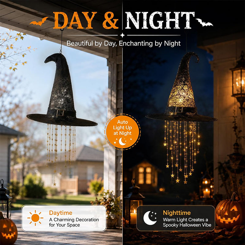 Lighted LED Witch Hat with Stars & Tassels – Hanging Hollow Glowing Decoration, Curved Brim, Vintage Halloween