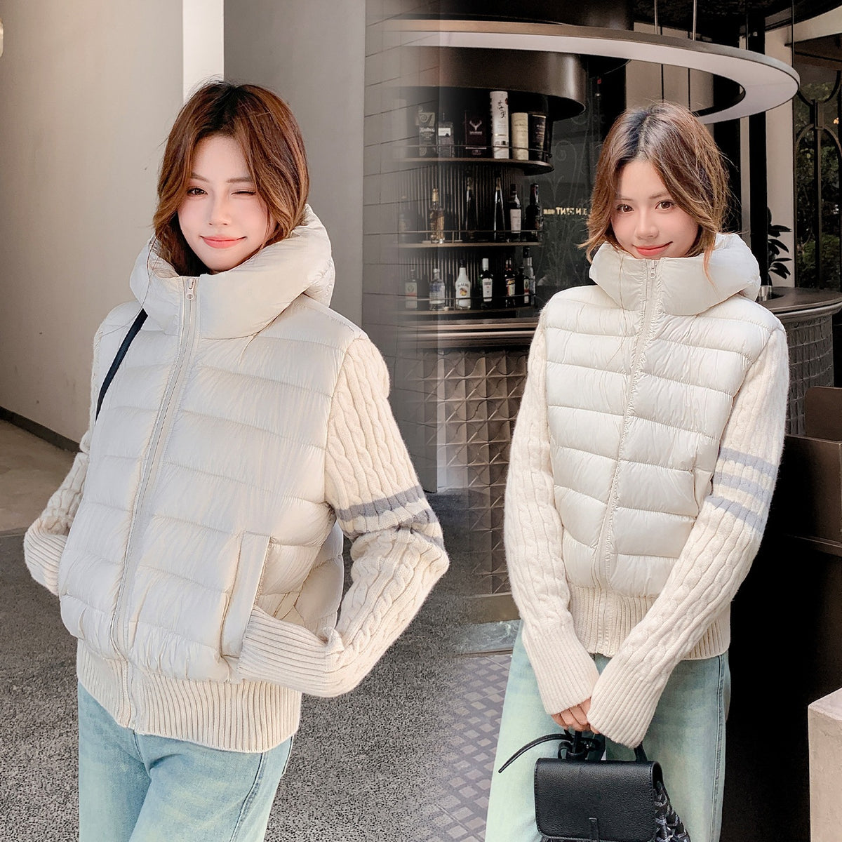 Women's Spliced Knitted Hooded Down Cotton Coat with Striped Webbing Slimming Puffer Jacket