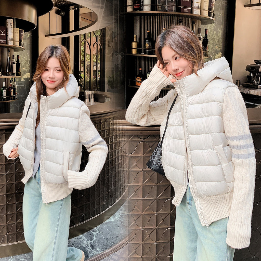 Women's Spliced Knitted Hooded Down Cotton Coat with Striped Webbing Slimming Puffer Jacket