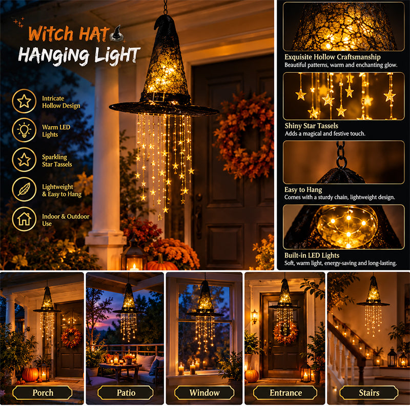 Lighted LED Witch Hat with Stars & Tassels – Hanging Hollow Glowing Decoration, Curved Brim, Vintage Halloween
