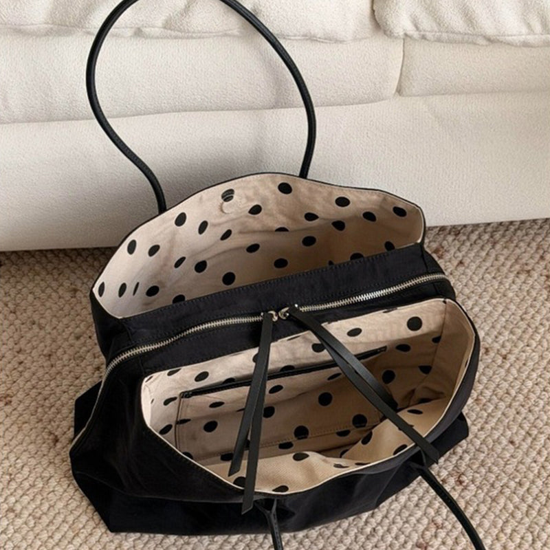 Large Black Nylon Tote Organizer Bag – Polka Dot Lining, Multi-Pocket Lightweight Shoulder Bag for Work, Travel & Daily