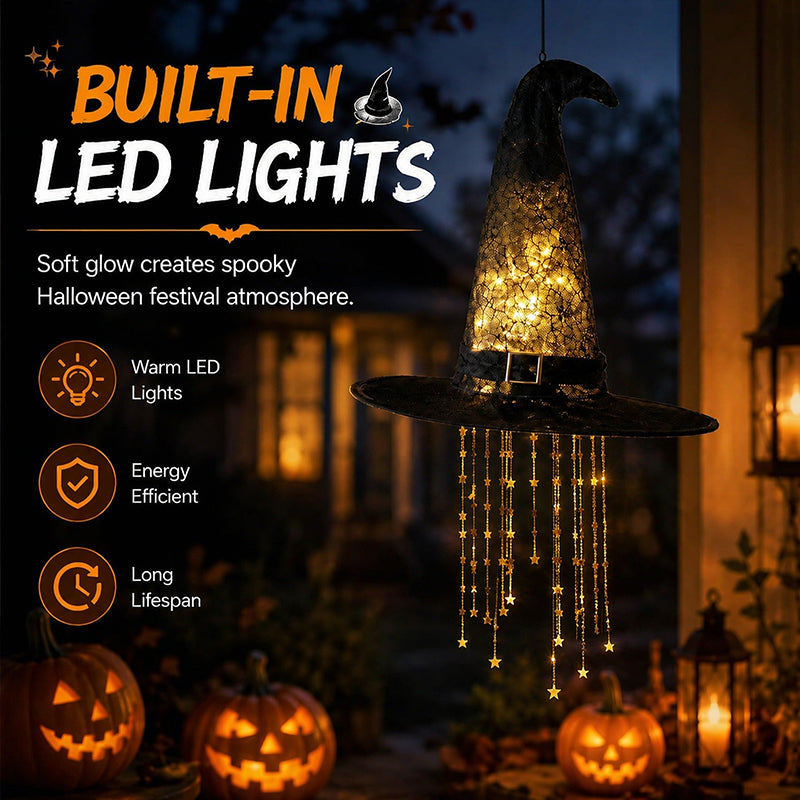 Lighted LED Witch Hat with Stars & Tassels – Hanging Hollow Glowing Decoration, Curved Brim, Vintage Halloween